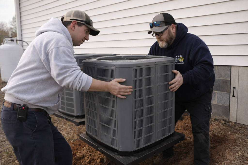 w and w mechanical heating and air technician installing an aircon