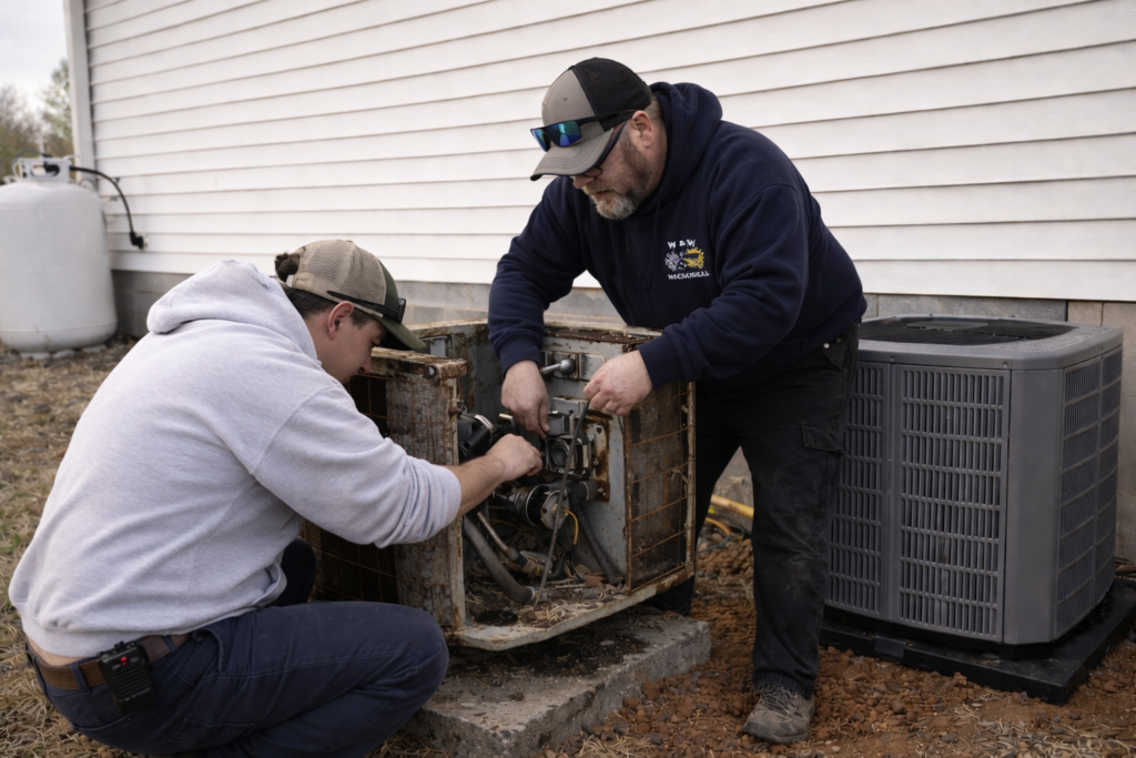w and w mechanical heating and air technician replacing an aircon